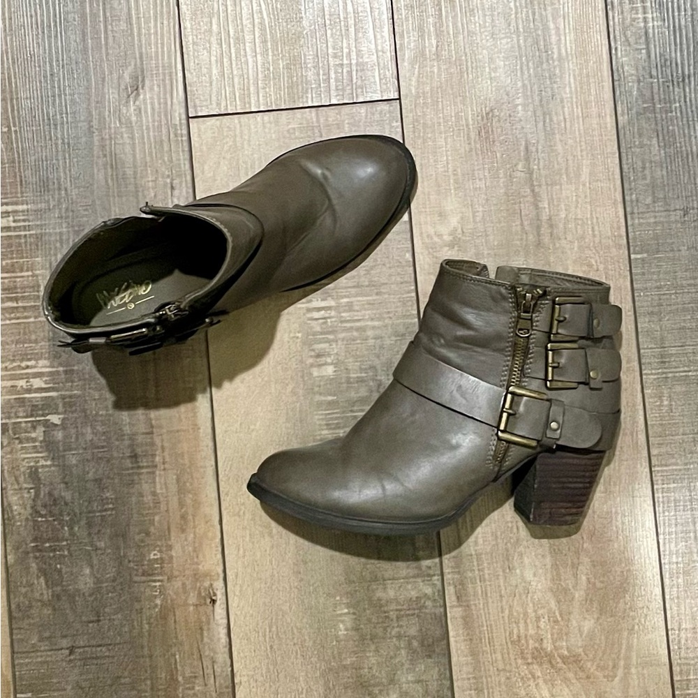 Gray buckle booties